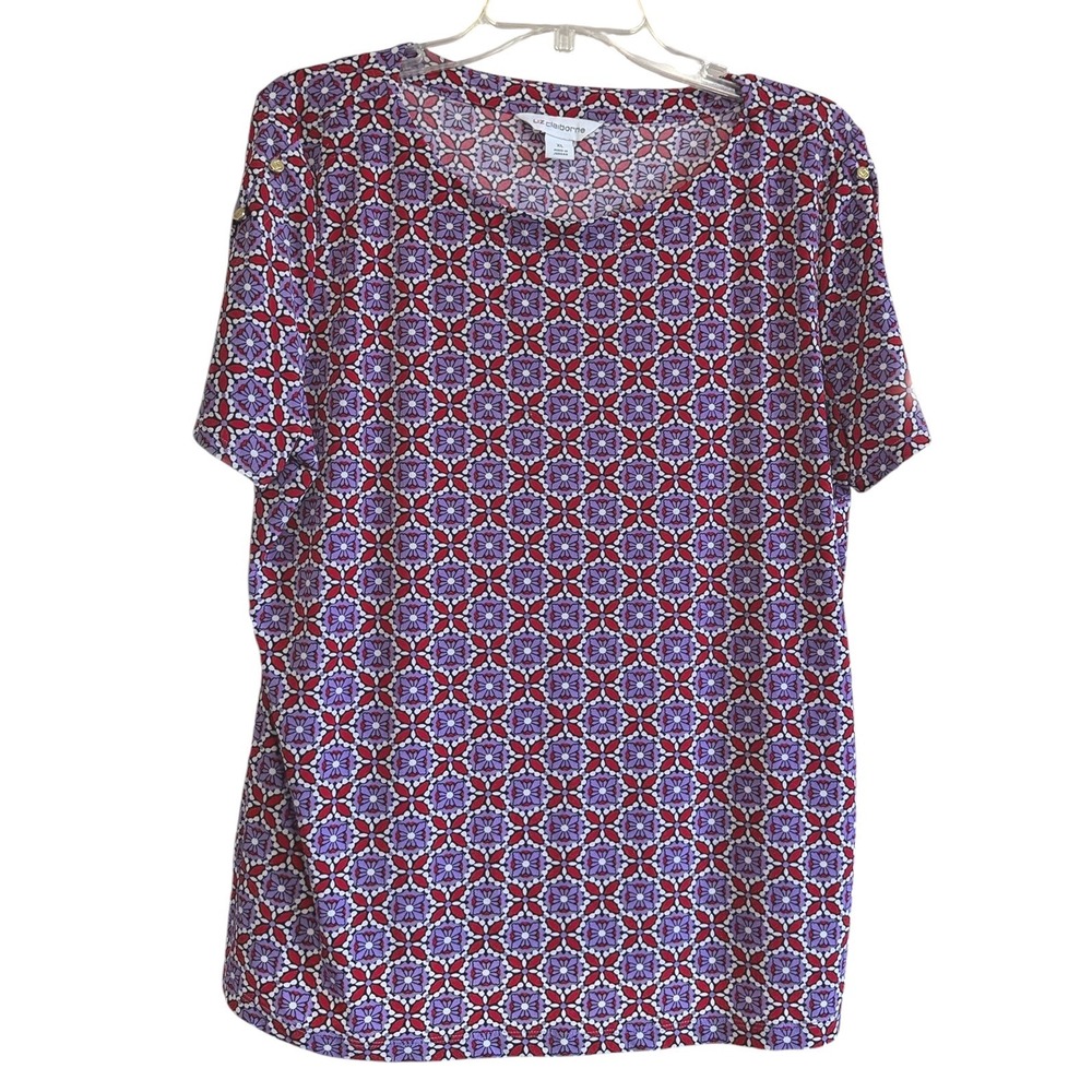 Liz Claiborne Women XL Purple Red Geometric Floral Medallion Button Shoulder Top